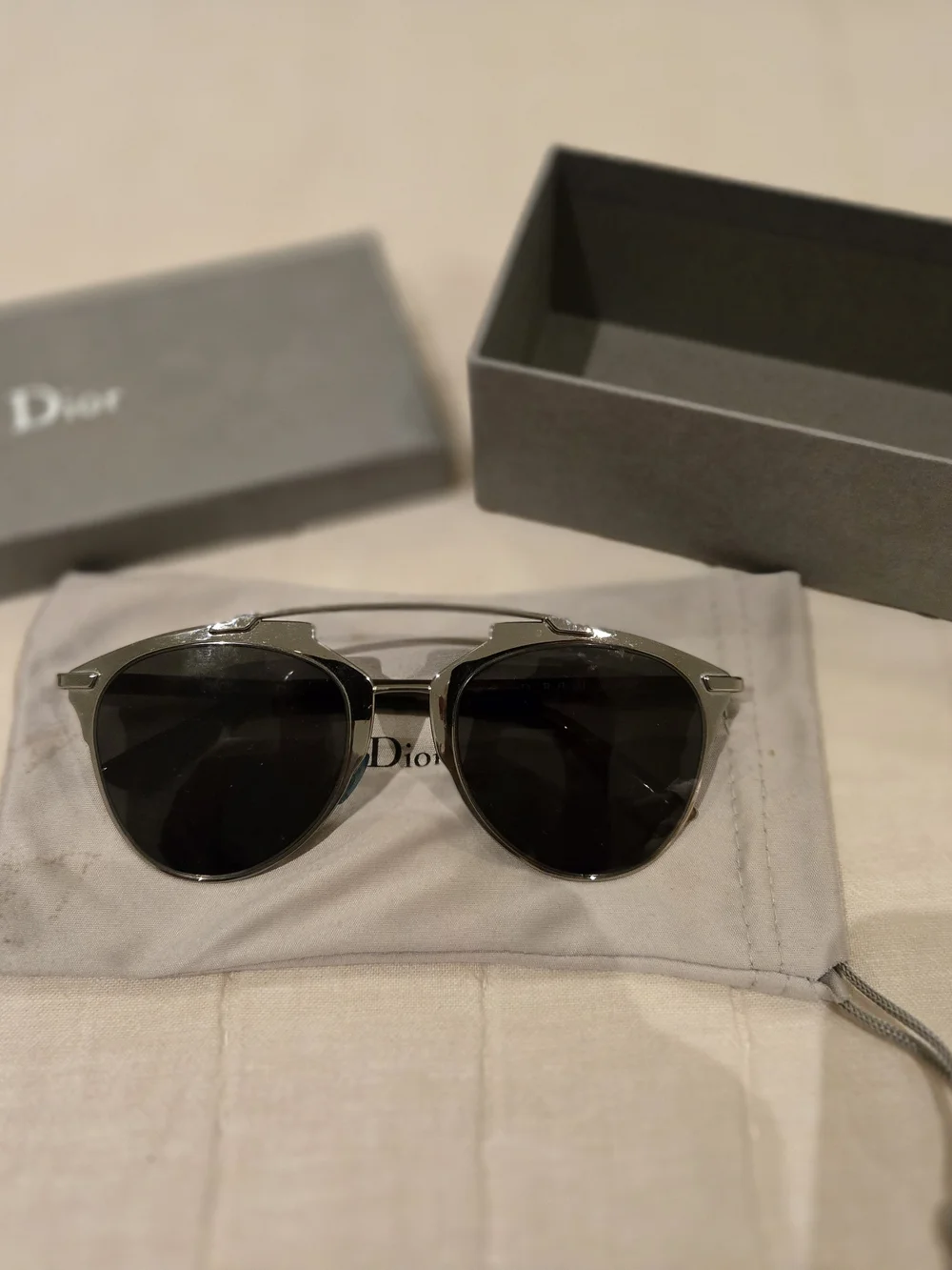 Dior Silver Metal Round Sunglasses with Dark Lenses